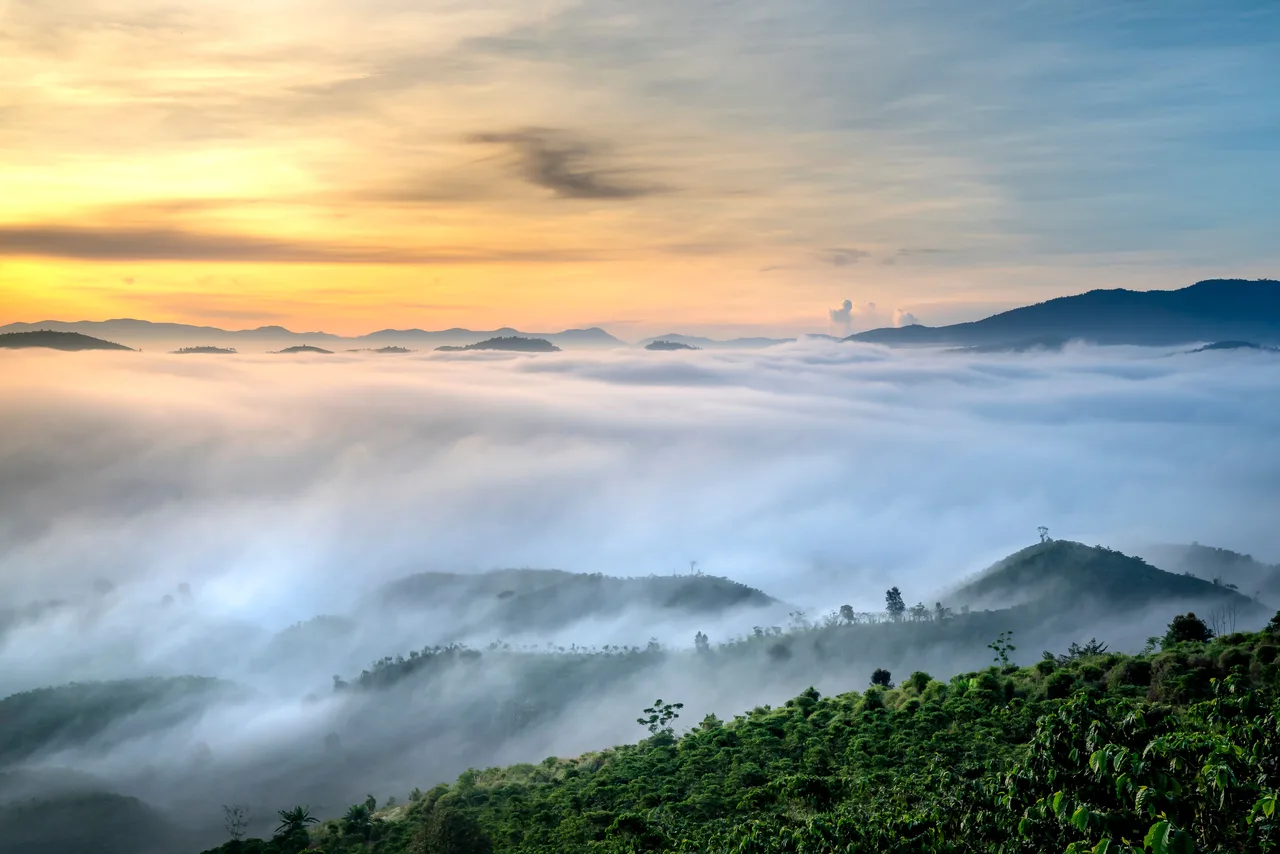 A sea of fog among mountains, lit gold by the rising sun